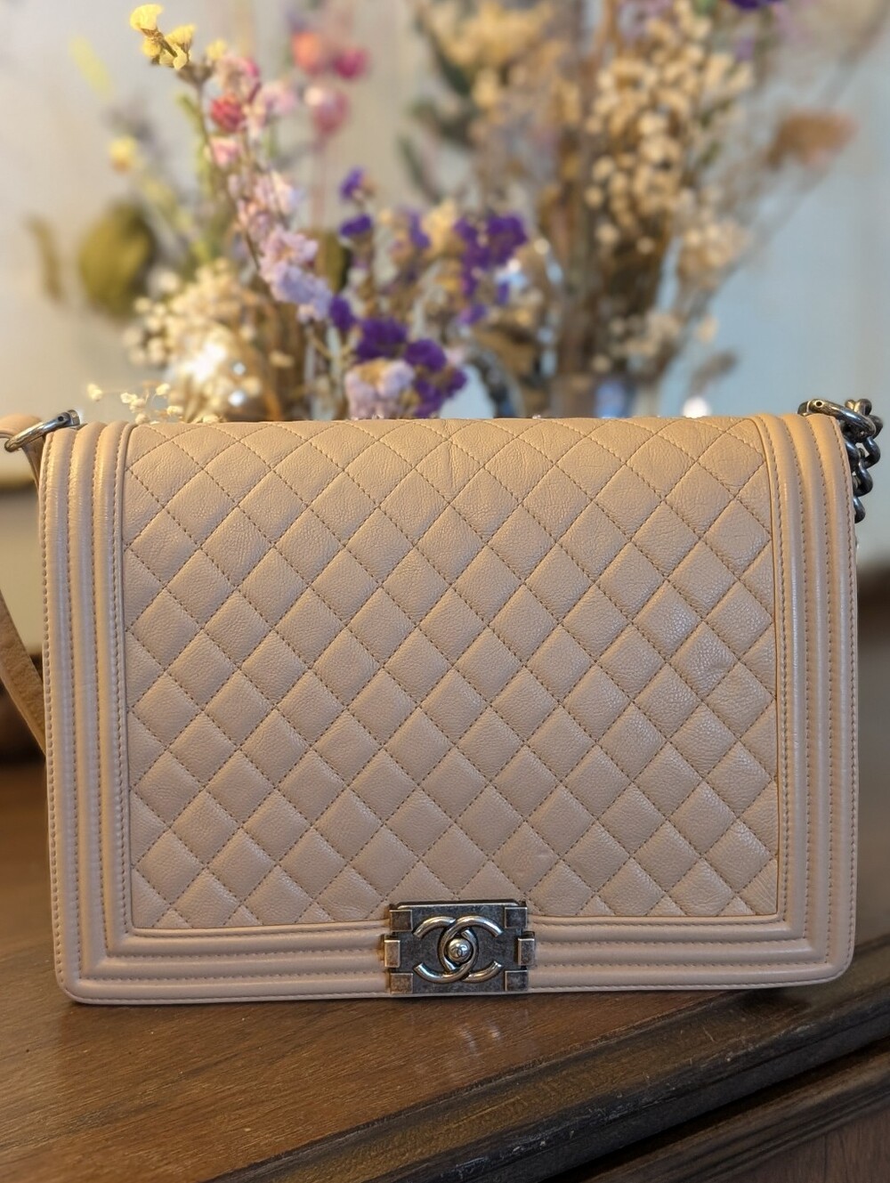 CHANEL Quilted Boy Shoulder Bag in Beige